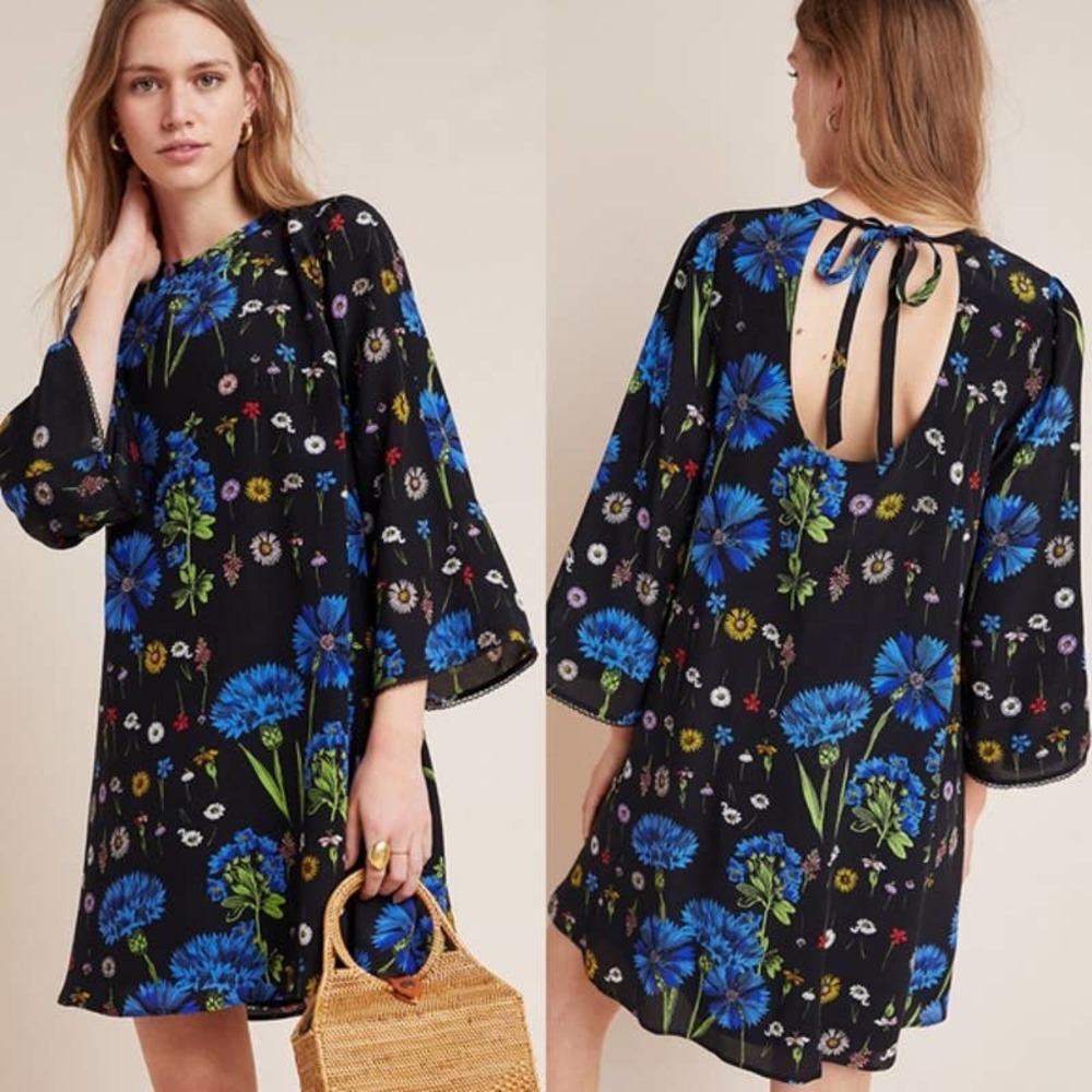 Maeve by Anthropologie Womens Size M Floral Print Tunic Dress Back Cut-Out Black
